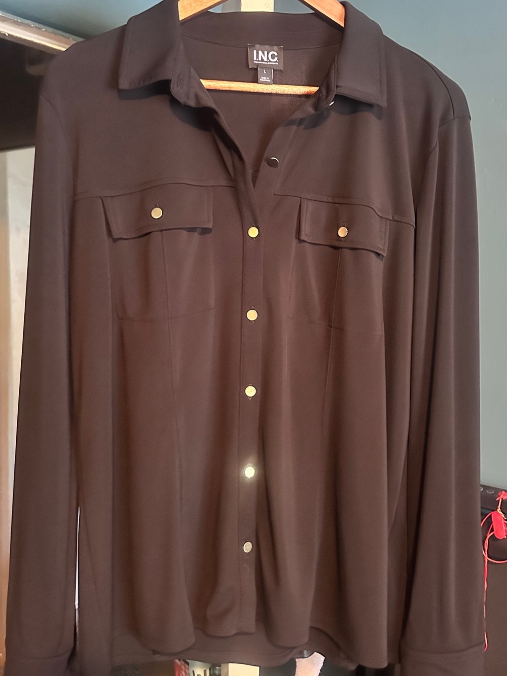 INC International Concepts Black Shirt with Gold Buttons